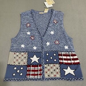 Vintage Women's Vest Patriotic Button Down Sweater Vest Embroidered Top 90s
